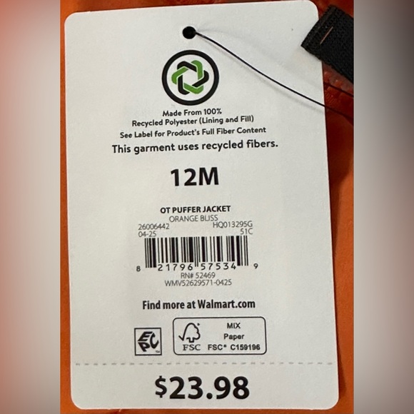 Ozark Trail Kids Bright Orange Puffer Jacket w/ foldover sleeve - Picture 4 of 6